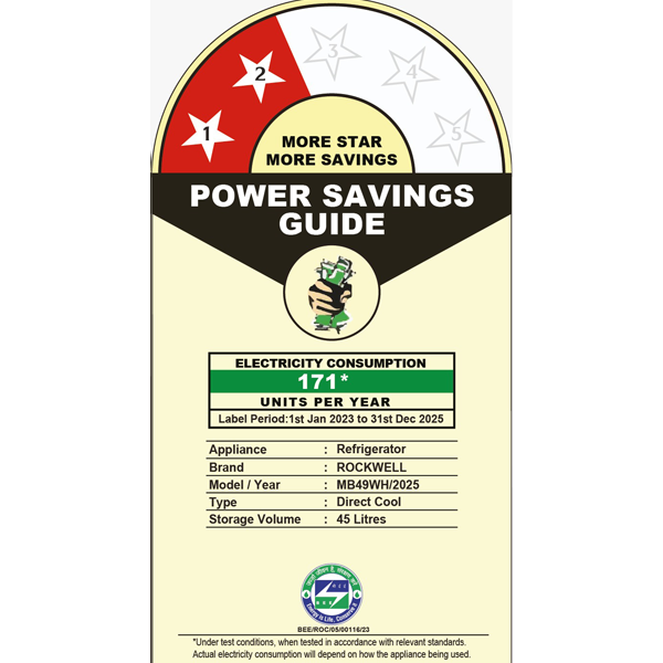 Rockwell 45L Mini Refrigerator – Compact Design, 2-Star Rated, Ideal for Small Spaces, Dorms, and Offices, Features Reliable Cooling and Adjustable Shelves with Chiller Tray, White - Image 4