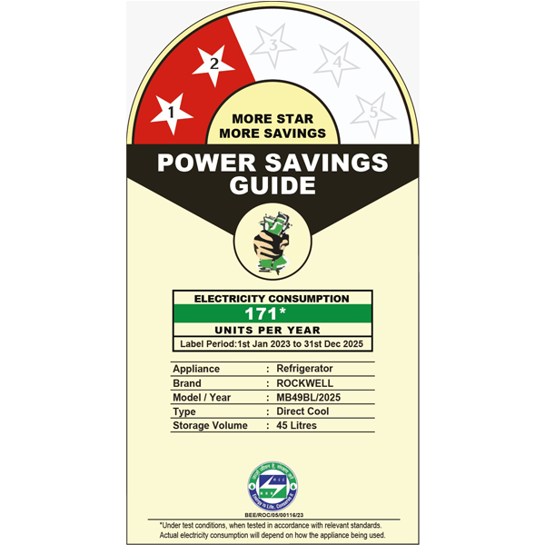 Rockwell 45L Mini Refrigerator – Compact Design, 2-Star Rated, Ideal for Small Spaces, Dorms, and Offices, Features Reliable Cooling and Adjustable Shelves with Chiller Tray, Black - Image 3